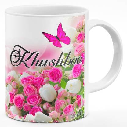 ADVR "Khushboo" Name Printed on Butterflies, Pink & White Roses Theme (AC0A22BBBI) Ceramic Coffee Mug