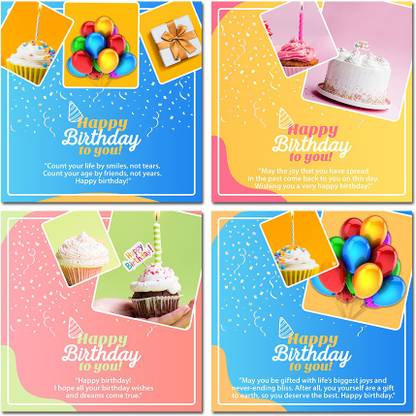 Happy Birthday Posters Set of 4 Wishes and Greetings Party Posters for Birthday Decoration (Paper 300GSM Laminated, Glossy, Multicolor Size-27cm x 27cm x 06cm) Paper Print