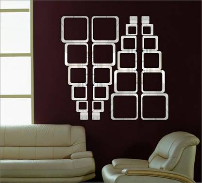 RadhaKripa 151 cm 24 silver square 3D Acrylic Stickers Mirror Stickers Wall Stickers Self Adhesive Sticker