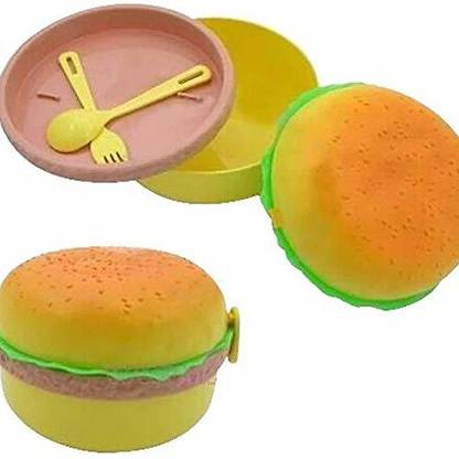 WHITE POPCORN Round Burger Shape Tiffin Box 3 Containers Lunch Box 3 Containers Lunch Box