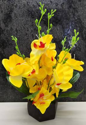 Olive Trees Artificial Orchids Flowers With Wooden Pot For Home Decoration, Office & Gifts Yellow Orchids Artificial Flower  with Pot