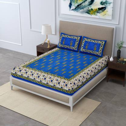 AAYU TRADER Cotton Double Flat 104 TC Jaipuri Prints Bedsheet