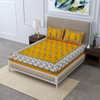 AAYU TRADER Cotton Double Flat 104 TC Jaipuri Prints Bedsheet