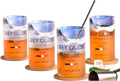 Kavi The Poetry-Art Project (Pack of 4) Recycled Grey Goose Glasses, Upcycled Bottle Glasses , 300 ML Bar Glass Set Whisky Glass