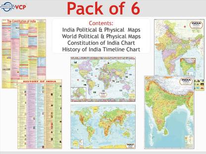 India, World Maps ( Political & Physical ) , Constitution of India & History of India Poster | SET OF 6 | ENGLISH | PAPER FOLDED Paper Print
