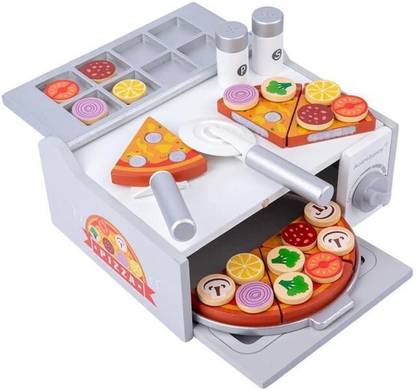 Jr. Billionaire Kids Play Food Wooden Pizza Making Toy Set with Toppings & Oven