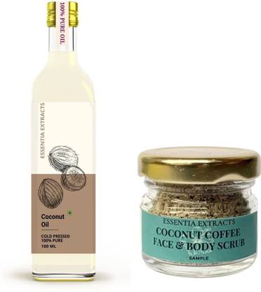 ESSENTIA EXTRACTS Pack of Cold-Pressed Coconut Oil & Coconut Coffee Face & Body Scrub 100ML + 15Gm
