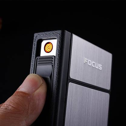 play run ™ FOCUS Cigarette Case Box Lighter with 20 pcs Cigarette Holder Case Premium Quality Silver Color USB Cable, Cigarette Lighter