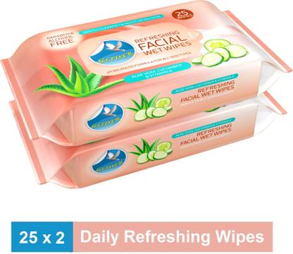 GLIDER Facial Wipes Enriched with Aloe Vera ,Cucumber & Vitamin E |Pack of 2 | 50 Wipes