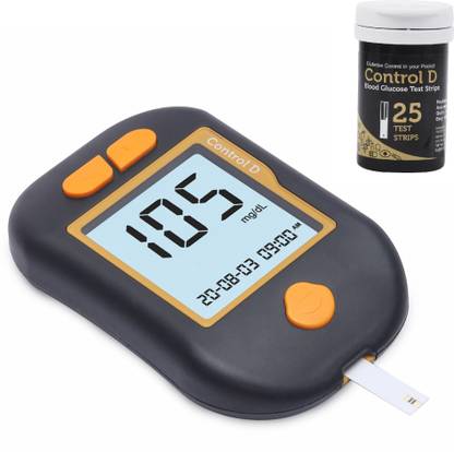 Control D Advanced Glucose Blood Sugar Testing Machine with 25 Strips Black Orange Glucometer