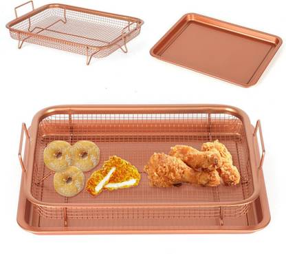AMEEDARSHAN 2X BBQ Copper Crisper Non-Stick Oven Mesh Baking Tray Chips Crisping Basket set Tray