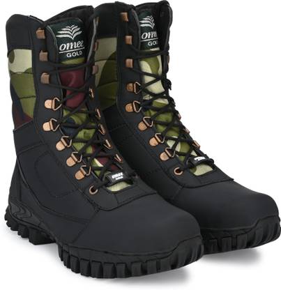 OMEE GOLD Men's Black Leather Tactical Combat Ring print NCC/Army/Military Boot Boots For Men