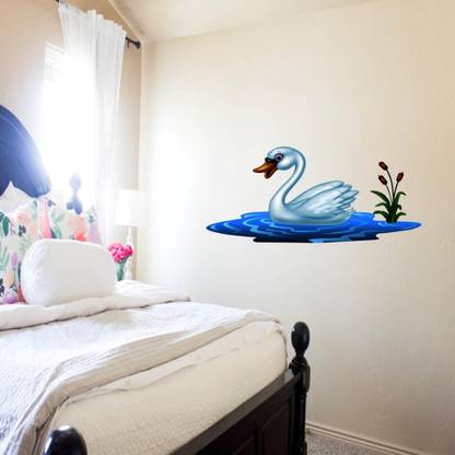 MADHUBAN DECOR 66 cm swan drawing floating on water wall sticker Self Adhesive Sticker