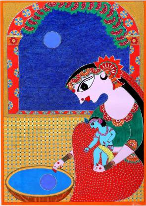 RENUGARTS Krishna with yashoda mata madhubani painting Acrylic 24.5 inch x 18 inch Painting