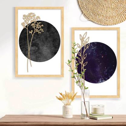 Set of 2 Black Violet Boho MDF Embosed 3D Framed Art Print for Décor 3D Poster