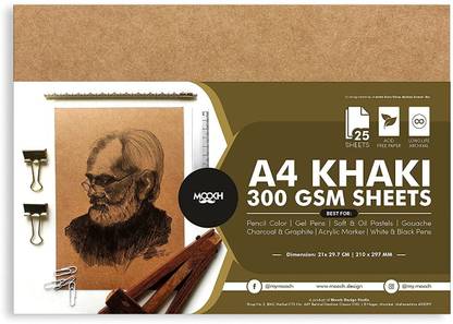 MOOCH Khaki Sheets for Sketching Art Note Book, 300 GSM Paper (Pack of 25, A4 Size) Sketch Pad