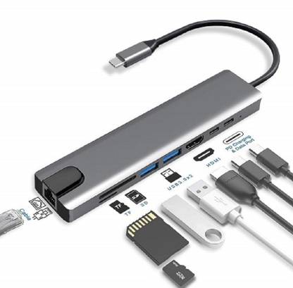 SINGING NOISE 8 in 1 CNC Aluminum Type C Adapter with 4K HDMI Port, Ethernet 1000mbps RJ45 USB Adapter