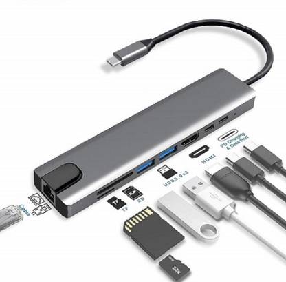 SINGING NOISE 8 in 1 CNC Aluminum Type C Adapter with 4K HDMI Port, Ethernet 1000mbps USB Adapter