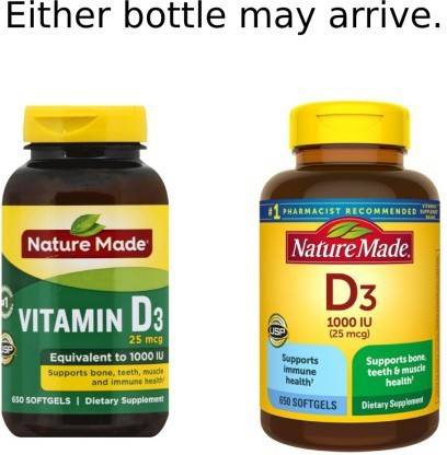 Nature Made Vitamin D3 25 mcg Equivalent to 1000IU, 650 Softgels