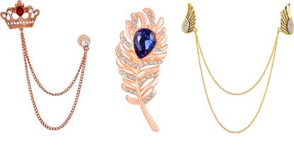 mahi Combo of Designer Chain and Feather Shaped Men's Lapel Pin Brooch
