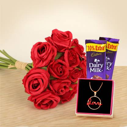 TIED RIBBONS Propose Day Gift for Girlfriend Boyfriend- Artificial Rose Pendent and Chocolate Assorted Gift Box