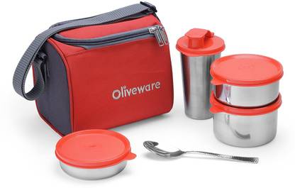 Oliveware Milano Lunchbox | 3 Stainless Steel Containers, Sipper & Spoon| Insulated Bag 3 Containers Lunch Box