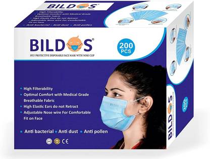 BILDOS Mask With Nose Pin and Ultrasonically Welded Ear Loop in Box Packing 200 Pcs Surgical Mask With Melt Blown Fabric Layer