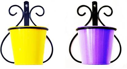 ascent homes Wall Mount Metal Planter Stand with Round Galvanized Bucket Planter (Set of 2 pcs) Plant Container Set