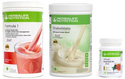 Herbalife Nutrition Formula 1 Shake Mix Strawberry Flavor+Shake Mate Milk Protein+ Afresh Tulsi Plant-Based Protein