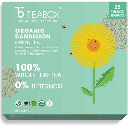 Teabox Dandelion Green Tea, Made with 100% Whole Leaf & Natural Dandelion Roots, 27 Pyramid Tea Bags (25 Tea Bags + 2 Free Samples) Herbs Green Tea Bags Box