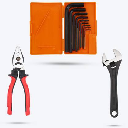 Hillgrove HGCM12M2 9 Hex Allen Key with 8"Inch Adjustable Wrench And Combinational Plier Hand Tool Kit
