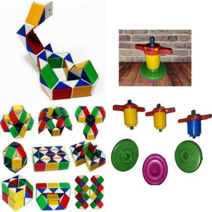 imtion 2 in 1 ( 3 Pcs Hand click lattu toys + 1 Pcs Cube Puzzle snake Qube )