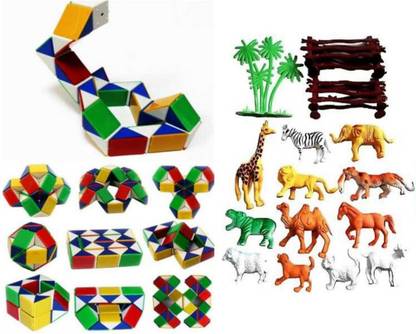 imtion 2 in 1 ( 1 Pcs Cube Puzzle snake Qube + 12 Pcs Zoo animals set action figure )