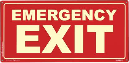 SUNSIGNS -Emergency Exit Signage Board, Pack of 2 pcs, Size 12 X 6 Inch, Glow in Dark Emergency Sign