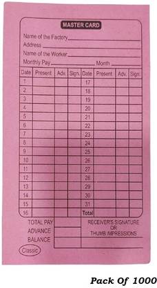 JSMSH Paper Attendance Card for Daily Payroll Wages Workmans