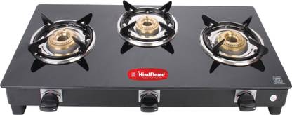 Hindflame 3 Burner Crown Black Toughened Glass Manual Gas Stove