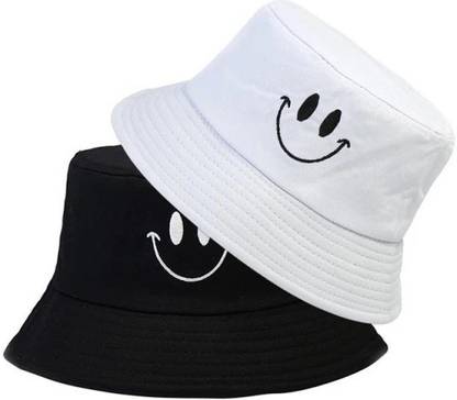 Highever Unisex Smiley Embroidered foldable cotton Reversible Bucket Hat