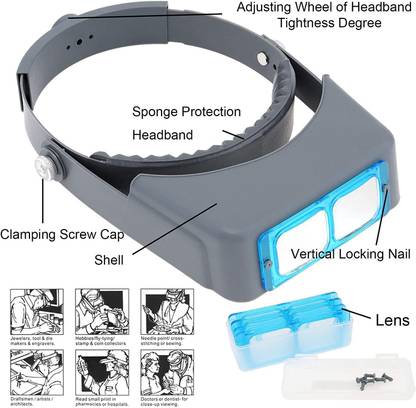 uptodatetools Jeweler Loupe Magnifying Headset Visor Optical Glass 4 Replaceable Lenses (1.5X,2.0X,2.5X,3.5X) Visor Double Optical