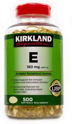 KIRKLAND Signature Vitamin E 400 I.U. 500 Softgels, Bottle, Yellow