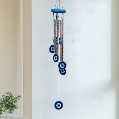 Shubhanjali Evil Eye Wind Chimes for Home Decor Items Outdoor Balcony Window Gifts, 23 Inch Wood, Steel Windchime