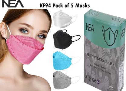 Nea KF94 3D Face Mask Korean Standard Certified Mask Reusable Washable N95 4 Layer KF94 Coloured ( White , Blue , Black , Grey , Pink) Mask Pack of 5 Water Resistant, Reusable, Washable Surgical Mask With Melt Blown Fabric Layer