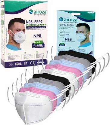 Airoza Reusable N95 Mask with Earloop (Pack of 10) (Multicolor) CE, FDA, ISO, NIOSH, ROHS Certified N95 Face Mask for Unisex with 5 Protective Layer Reusable, Washable, Water Resistant