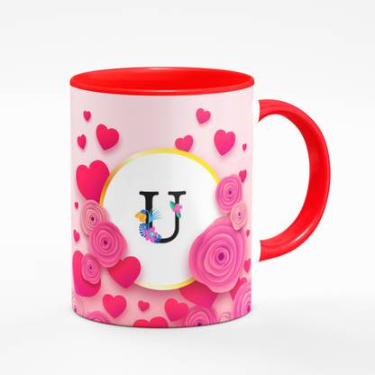 Gift4You Red Coffee mug Multicolor Name Letter Alphabet U Printed Coffee Cup Ceramic Coffee Mug