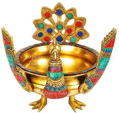 Explore india Brass Peacock Urli Bowl with Gemstone for Floating Flowers and Candles Decorative Showpiece  -  21.6 cm