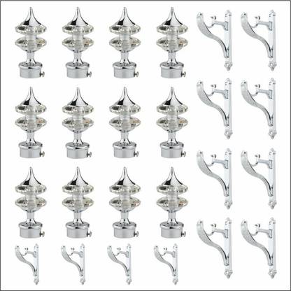 GLOXY Silver Rod Rail Bracket, Curtain Knobs, Curtain Hooks, Curtain Rods Metal