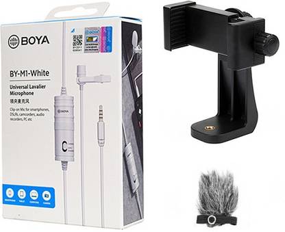BOYA BY-M1 white with Fur-Lav and Mount5 Omnidirectional Lavalier Condenser Microphone