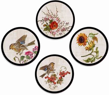LADECOR Set of 4 round frames bird theme decoration Home Decor Digital Reprint 9 inch x 9 inch Painting