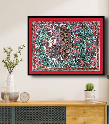 Artdarshan Madhubani Art Painting Peacock for Bedroom, Livingroom Home & Wall Art Decor Natural Colors 15 inch x 19 inch Painting
