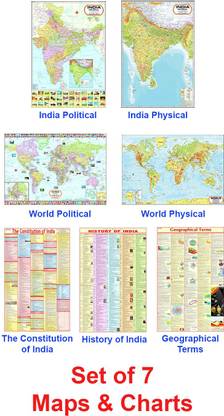 MAPS FOR UPSC ( SET OF 7 ) ENGLISH | INDIA & WORLD MAPS ENGLISH ( POLITICAL & PHYSICAL ) , CONSTITUTION OF INDIA, HISTORY OF INDIA & GEOGRAPHY TERMS CHART | SET OF 7 | NON LAMINATED PAPER MAPS Paper Print