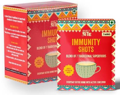 Smart'O Bite Immunity Shots I Tasty Blend of 7 Superfoods I 15 Sachets I High Curcumin Drink Protein Blends